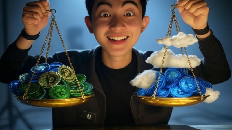 A balanced scale with Bitcoin and Ethereum coins, representing the risks and rewards of cryptocurrency investing for beginners.Image